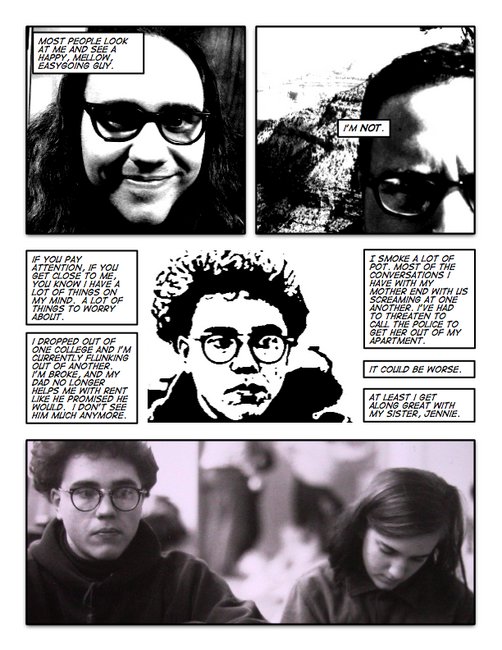 Check out the forehead(s).  That photo in the upper right was taken at the Grand Canyon.  The photo in the bottom panel was, I think, taken during a disastrous family vacation to Florida.  We're sitting on the floor of an elementary school auditorium that was pressed into service as an emergency shelter after a freak Floridian snowstorm closed the highways.  We spent the night sleeping there on the floor; luckily we'd actually brought three pillows with us.  Unfortunately, there were four of us.  P.S.  Check out my 'fro!