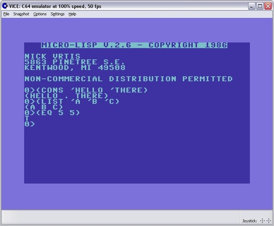 screenshot of micro-lisp for the C64