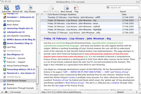 screenshot of cliki rss feed with html diff'ed recent changes