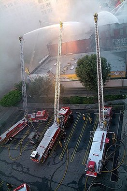 LAFD fighting a fire at 4th and Broadway